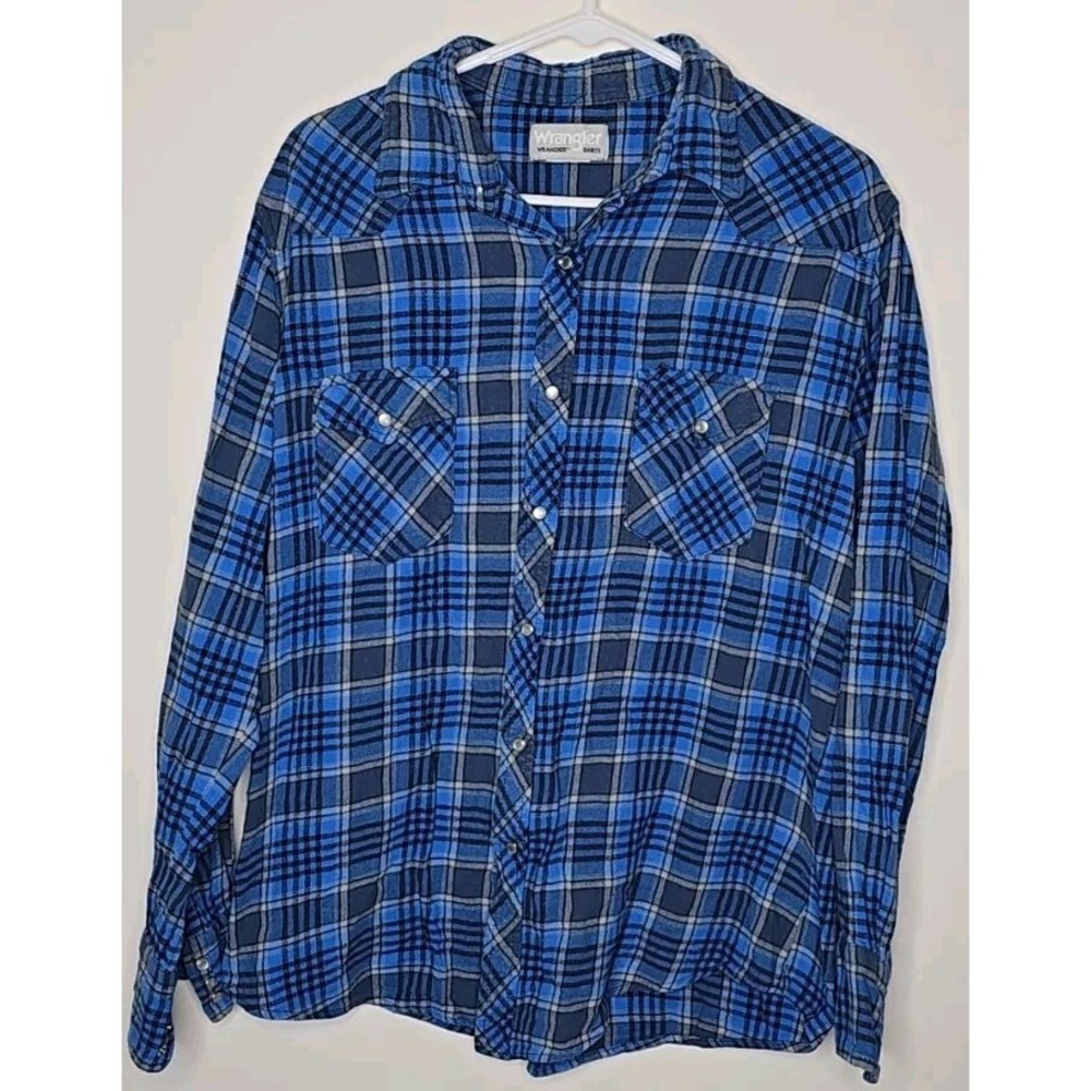 Wrangler‎ Wrancher Mens Shirt L Blue Flannel Western Pearl Snap Chest Pockets